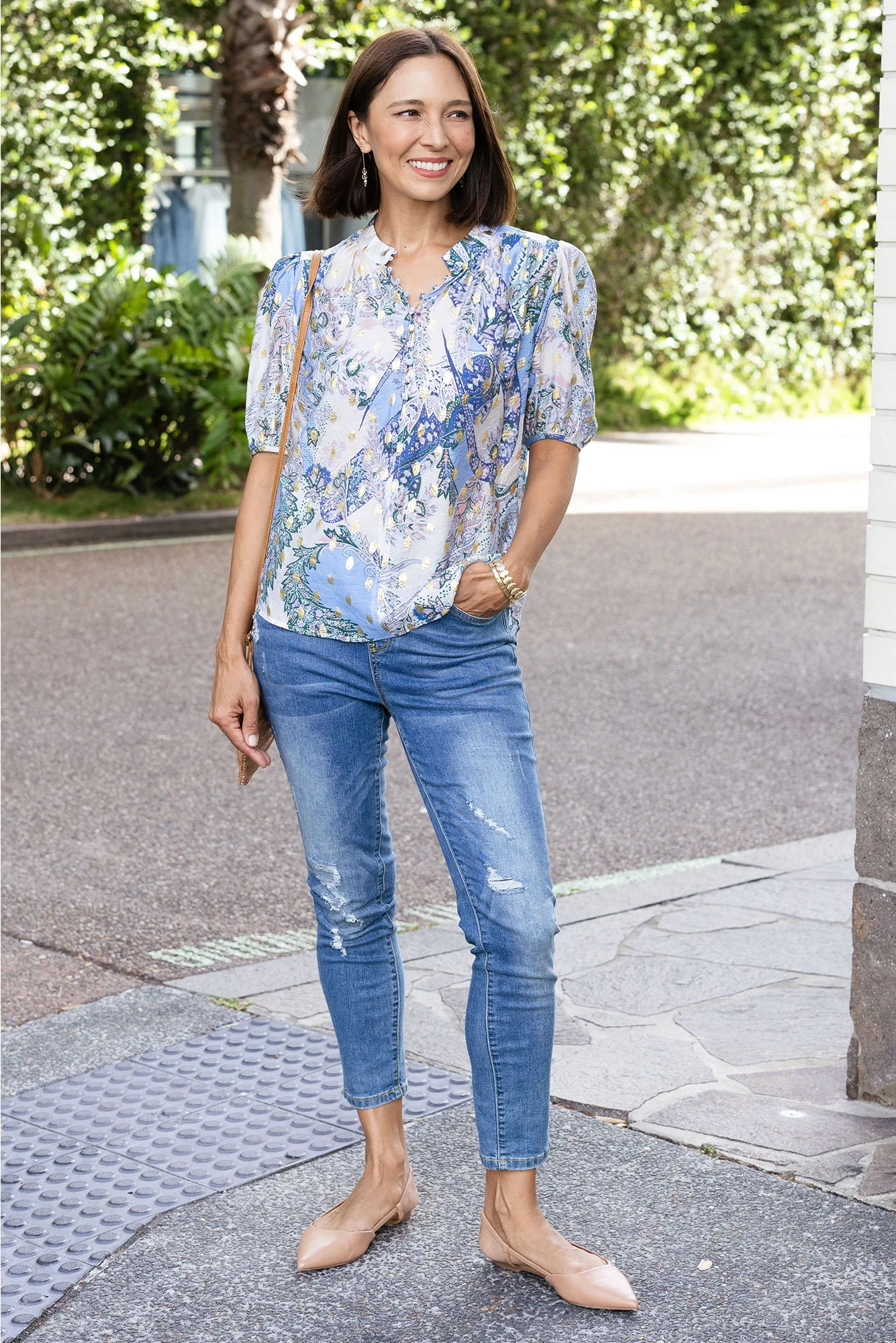 Alexandra Blue Abstract Button Top