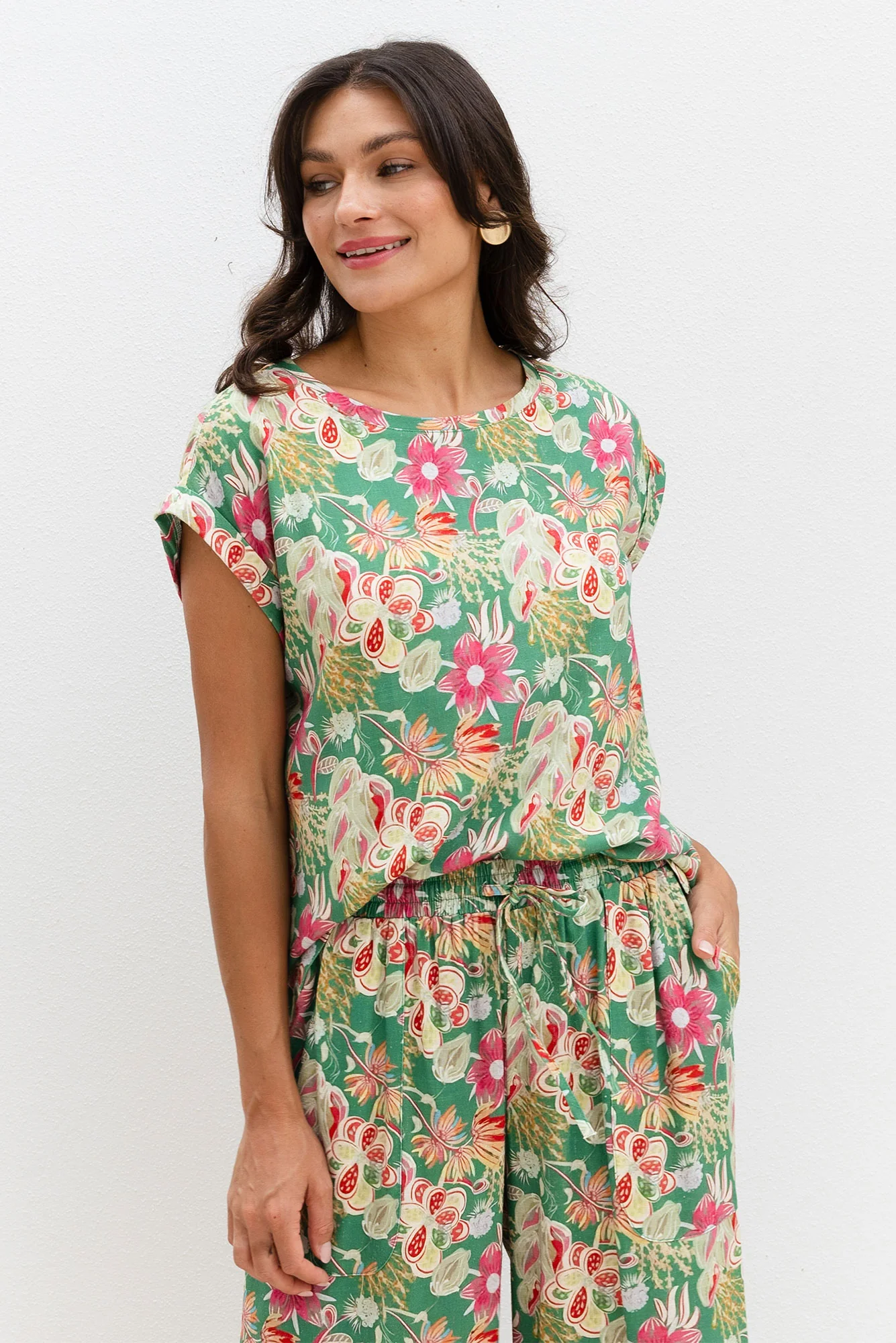 Alta Green Flower Linen Cotton Top