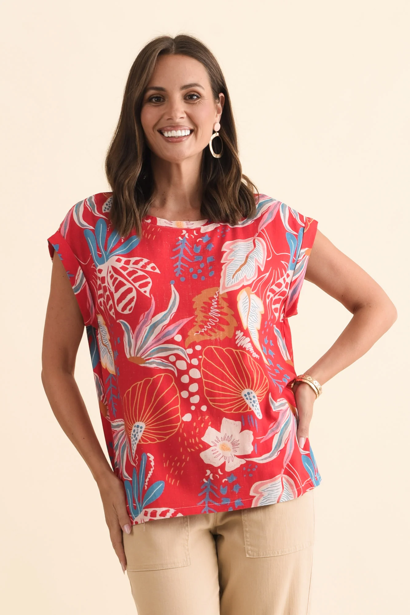 Alta Red Foliage Linen Cotton Top