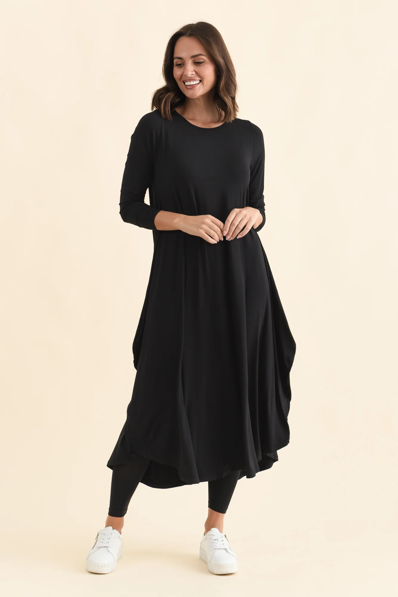 Black Long Sleeved Micro Modal Drape Dress - Image 6