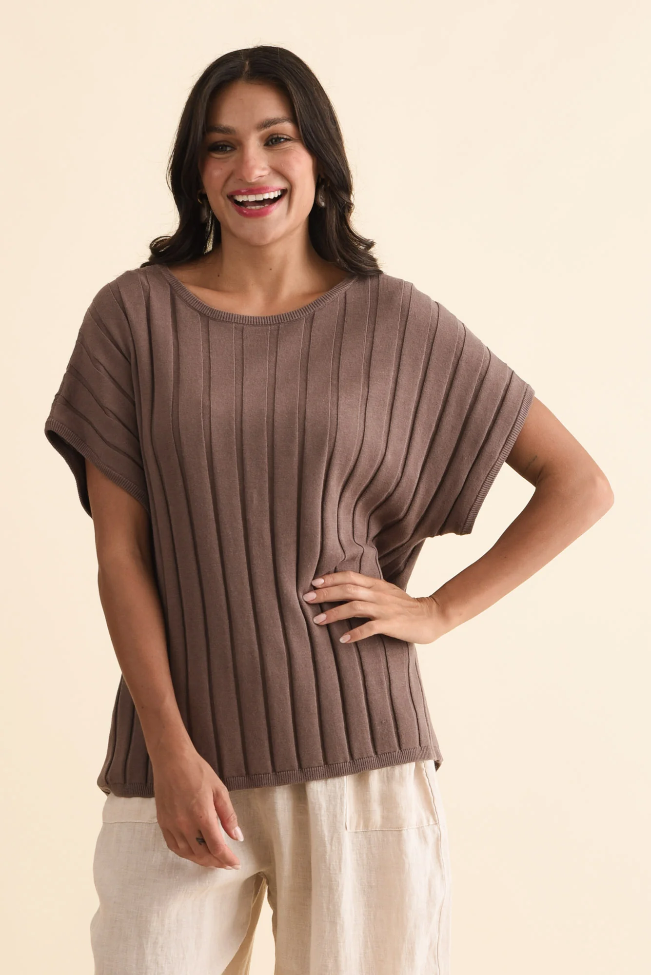 Blake Mocha Cotton Linen Knit Top - Image 2