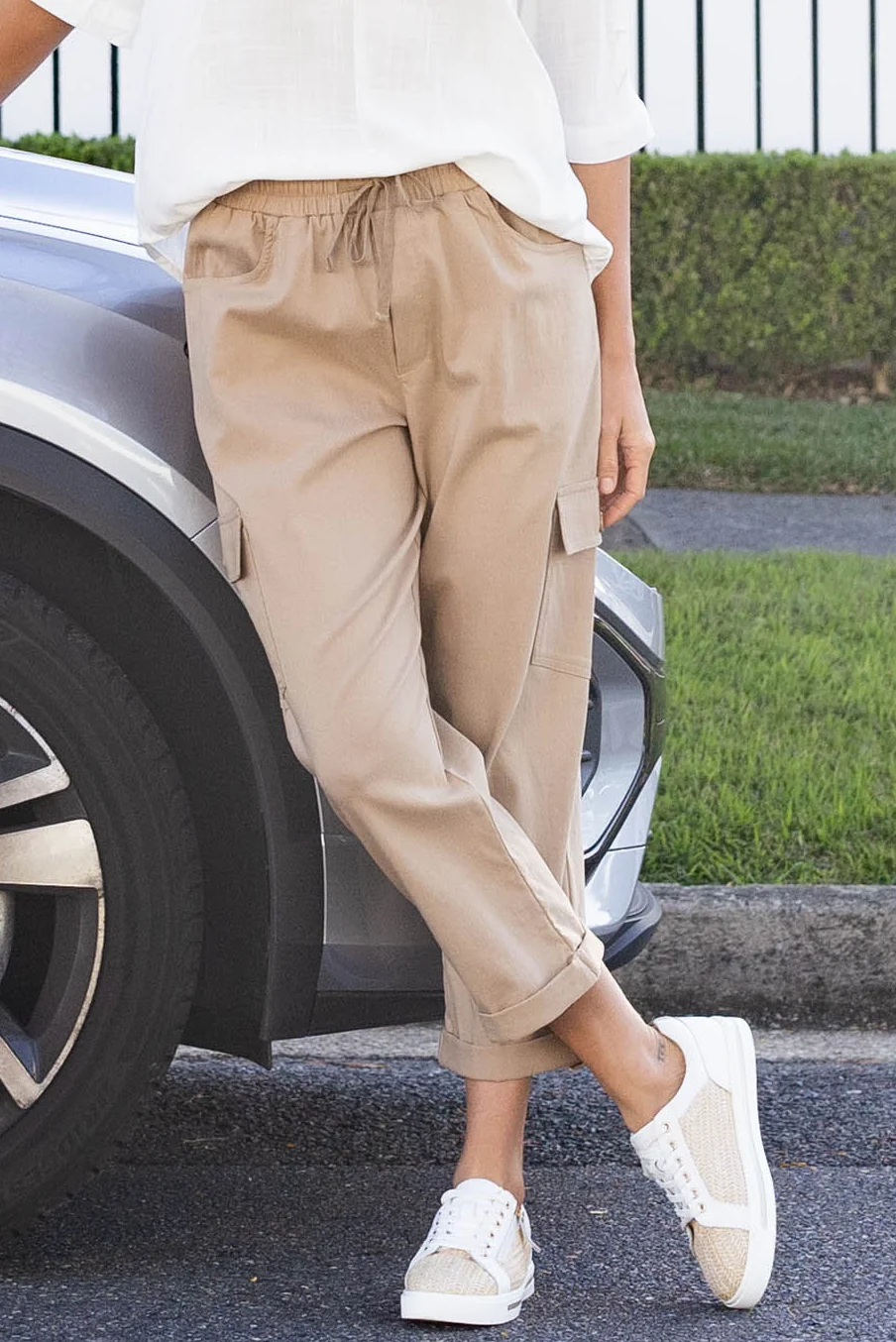 Cindy Beige Denim Cargo Pants