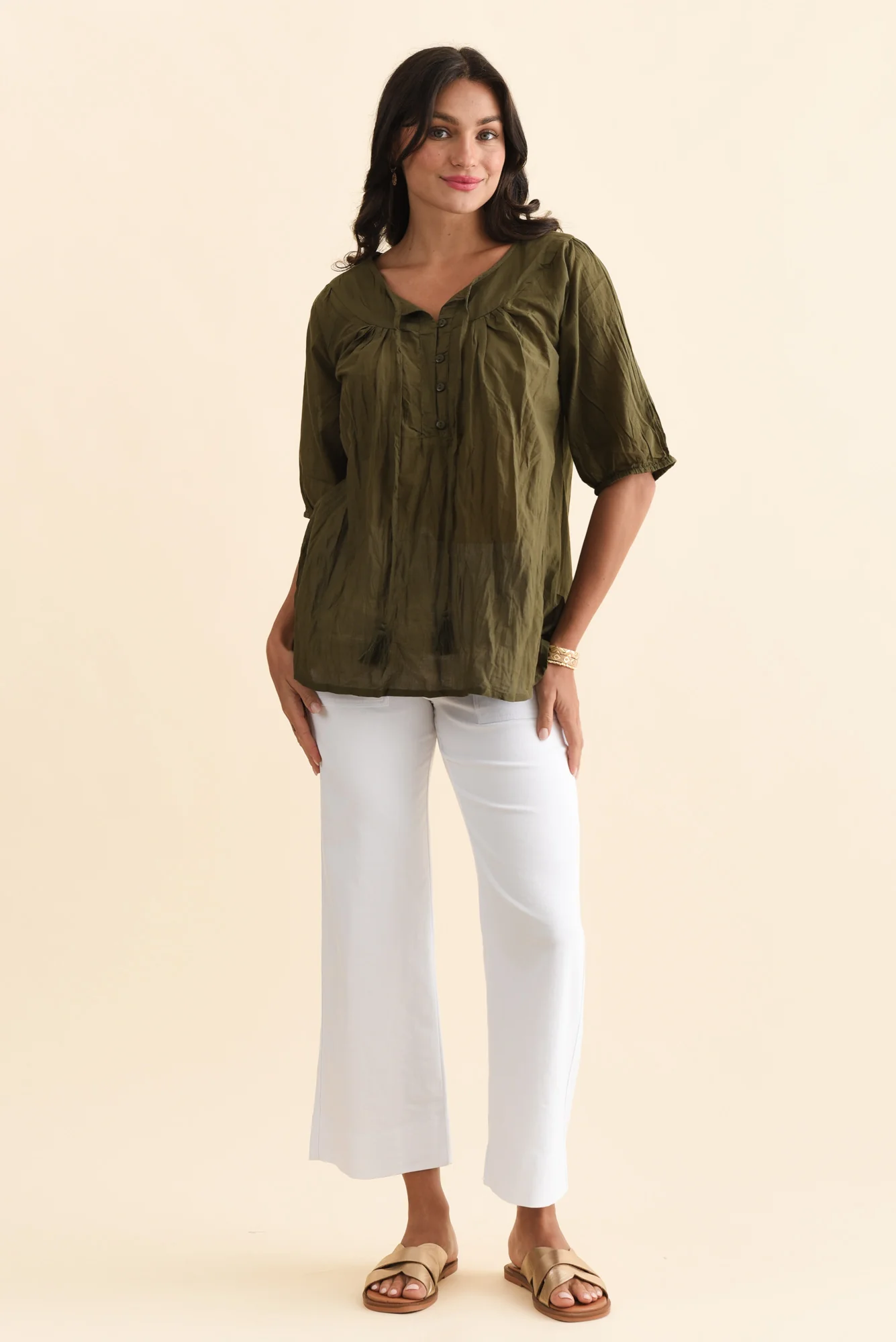 Claris Khaki Crinkle Cotton Top - Image 6
