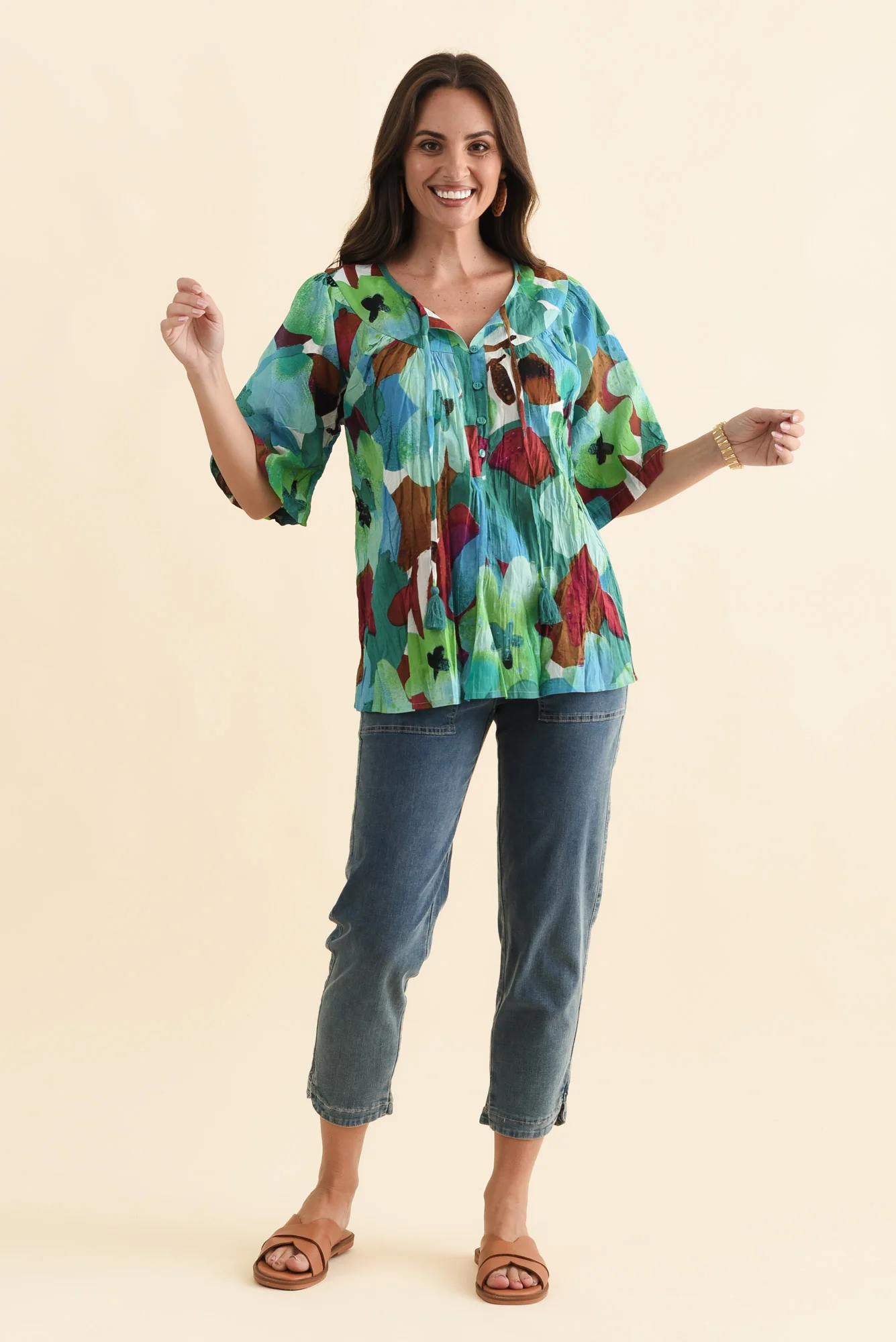 Claris Teal Flower Crinkle Cotton Top - Image 3