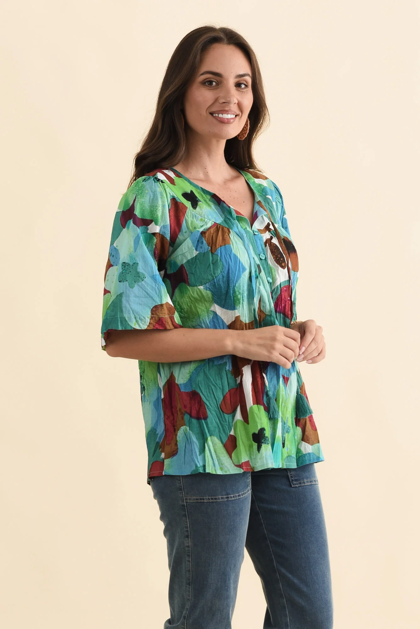 Claris Teal Flower Crinkle Cotton Top - Image 4