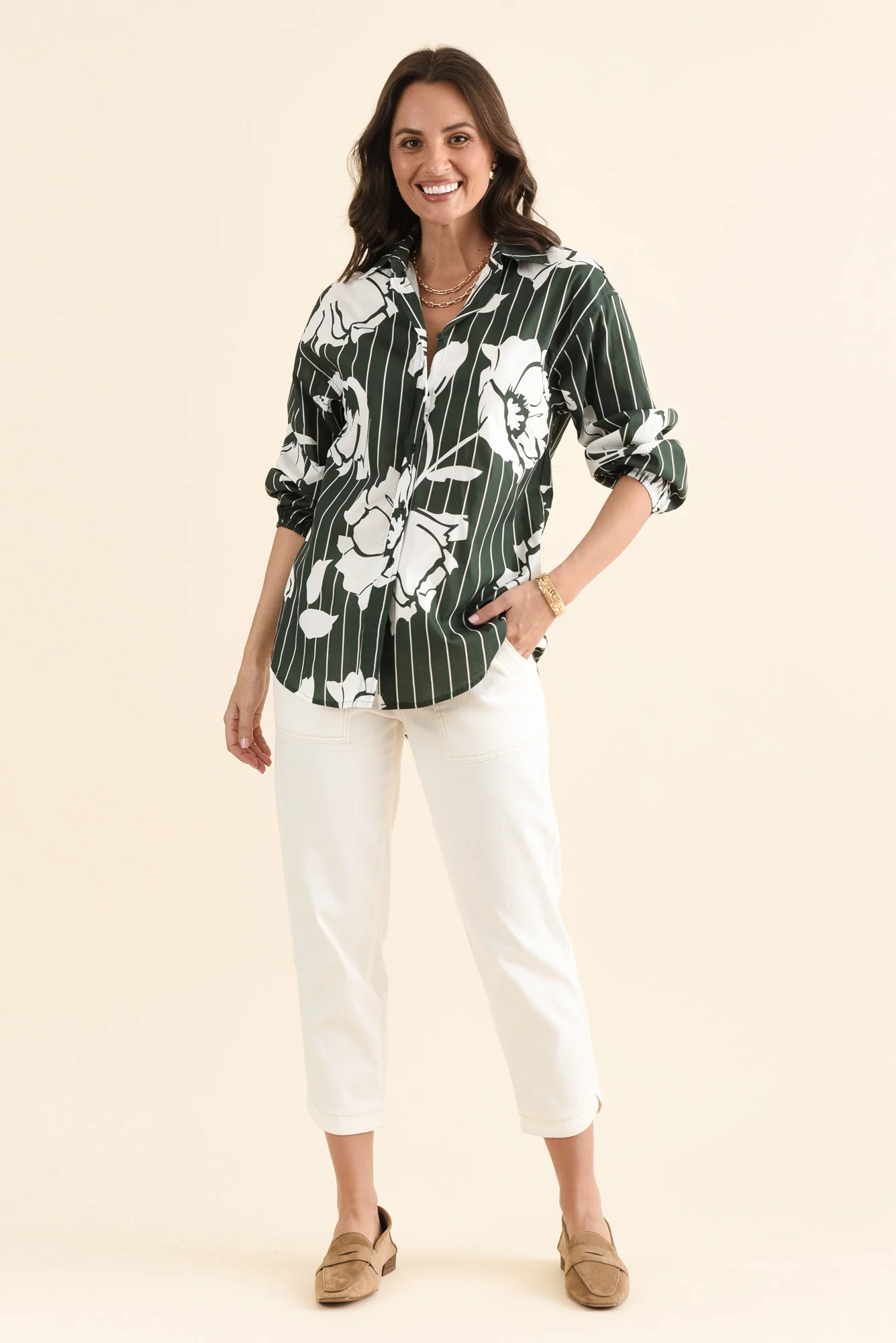 Darline Green Floral Stripe Cotton Shirt - Image 2
