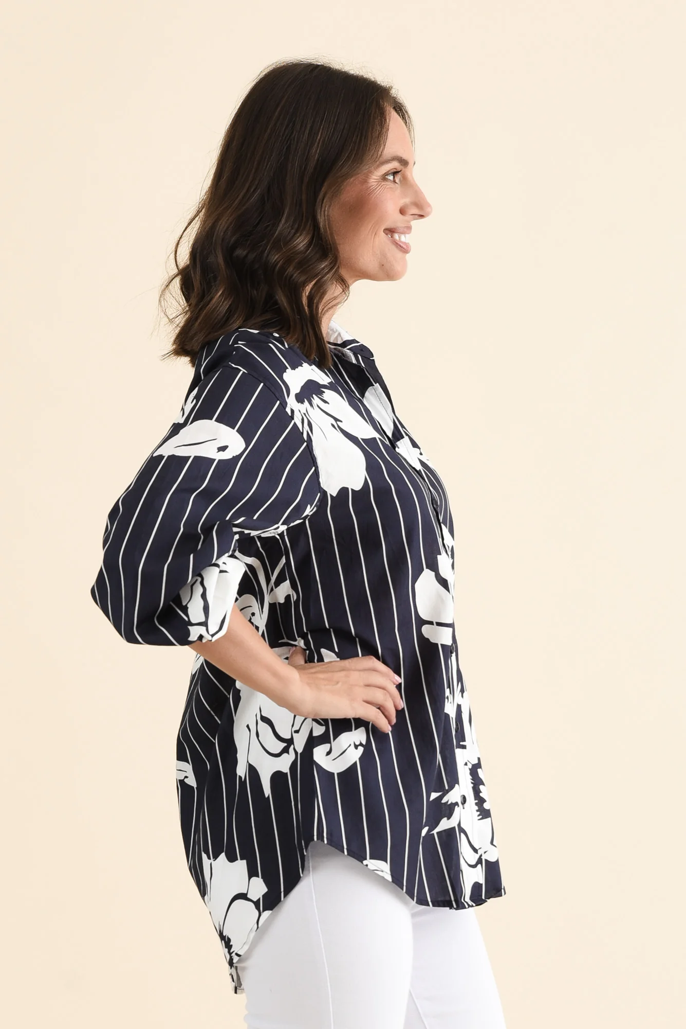 Darline Navy Floral Stripe Cotton Shirt - Image 3
