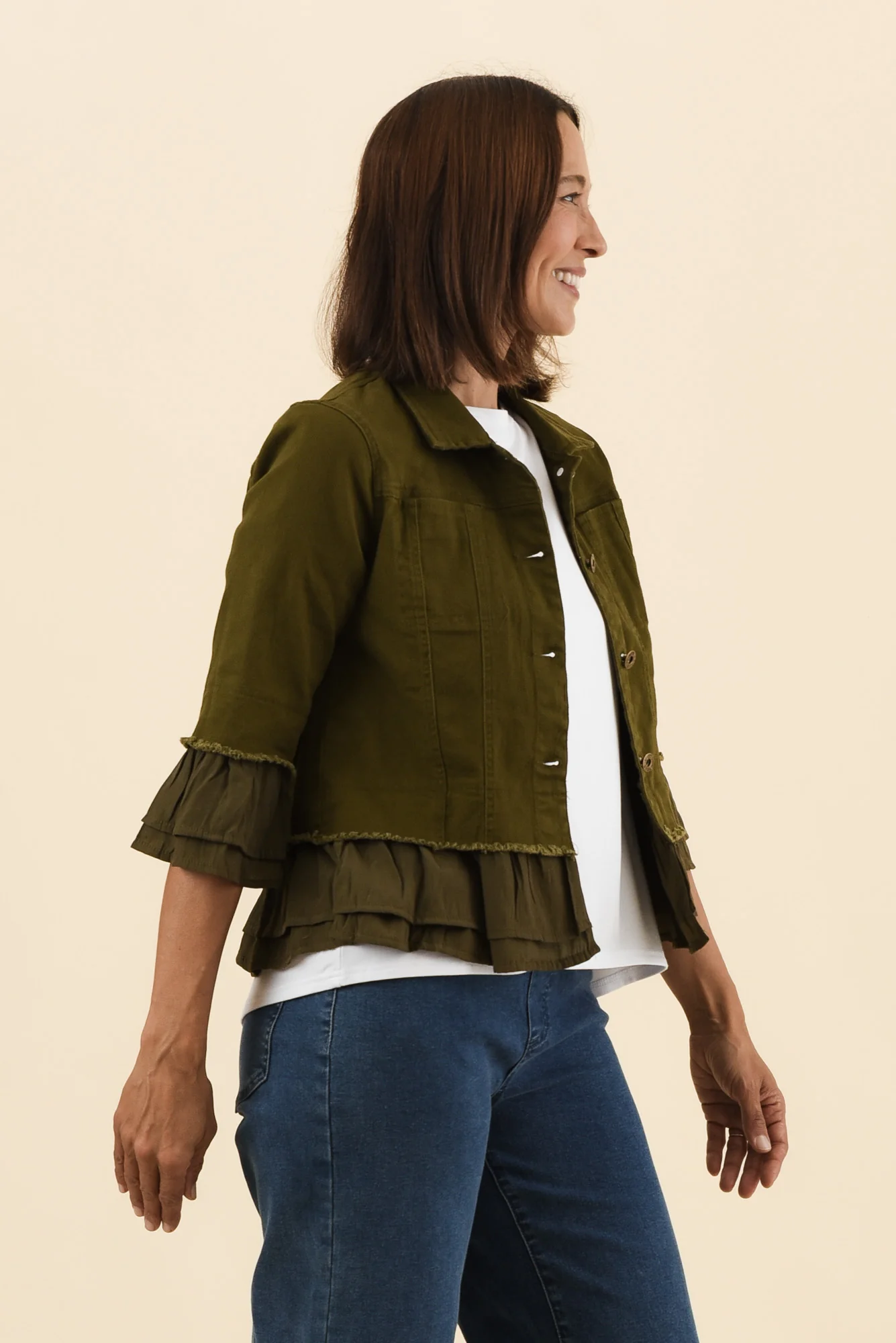 Dolores Khaki Cotton Frill Jacket - Image 3