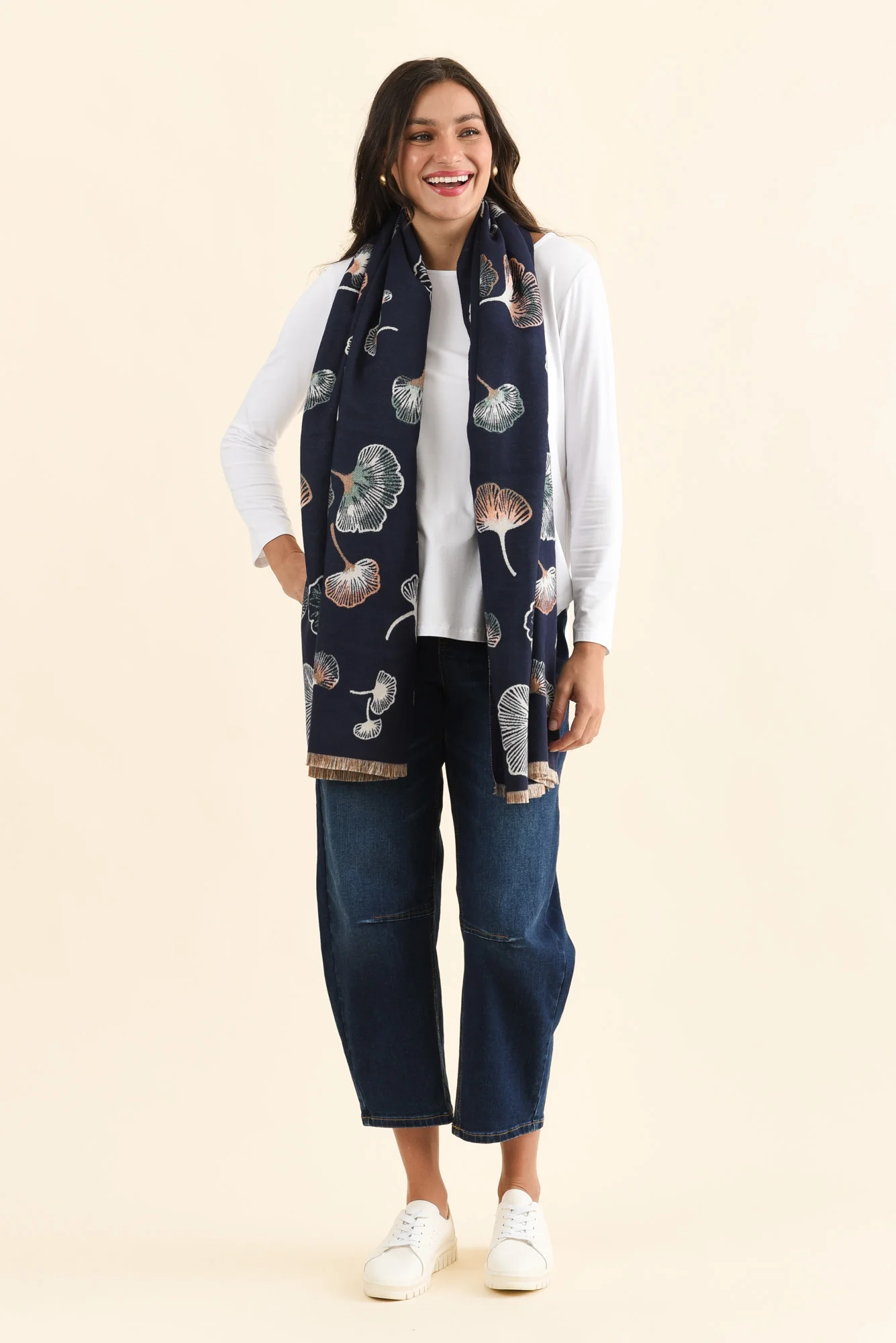 Ginko Navy Flower Scarf - Image 2