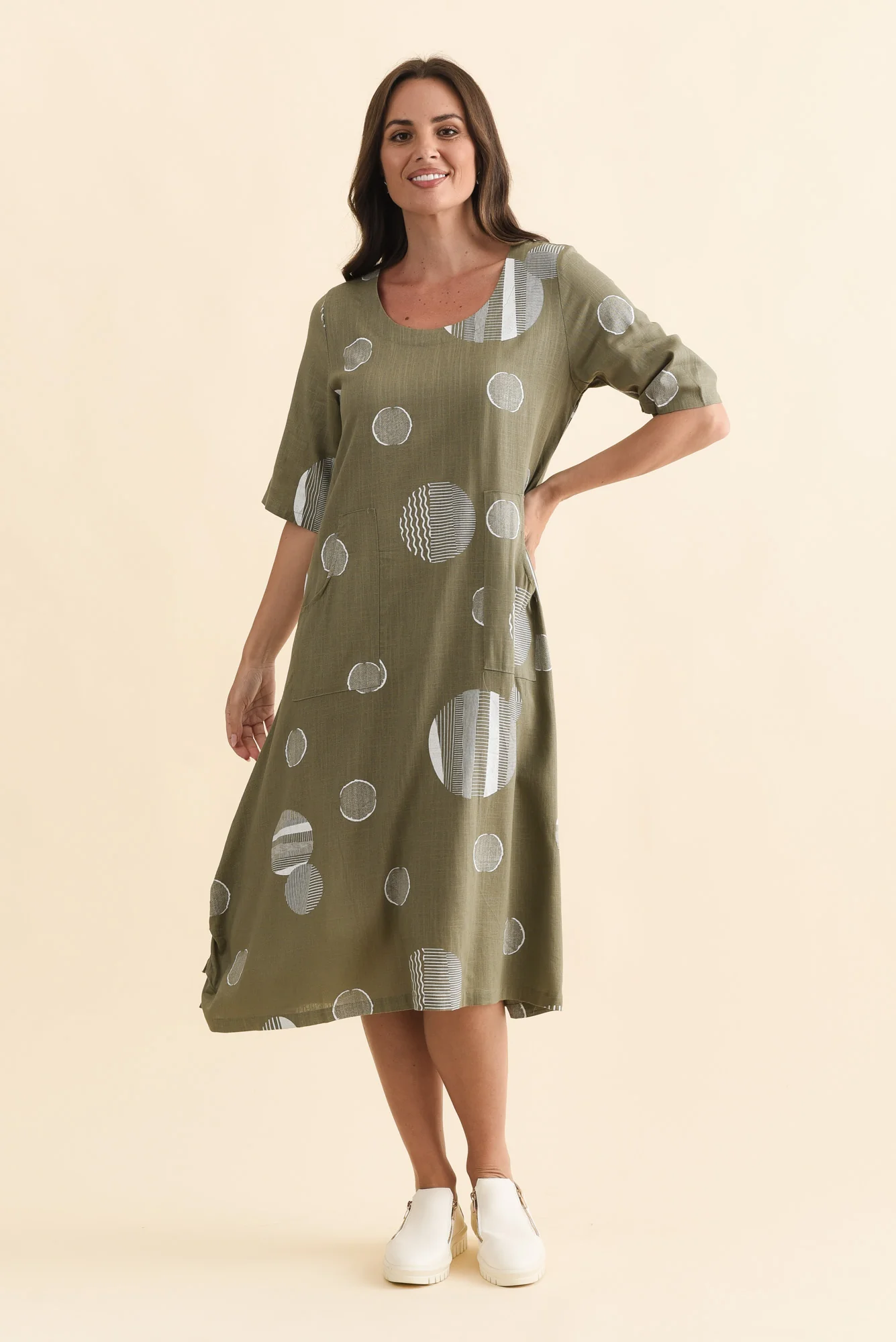 Hailee Olive Spot Linen Cotton Dress - Image 2