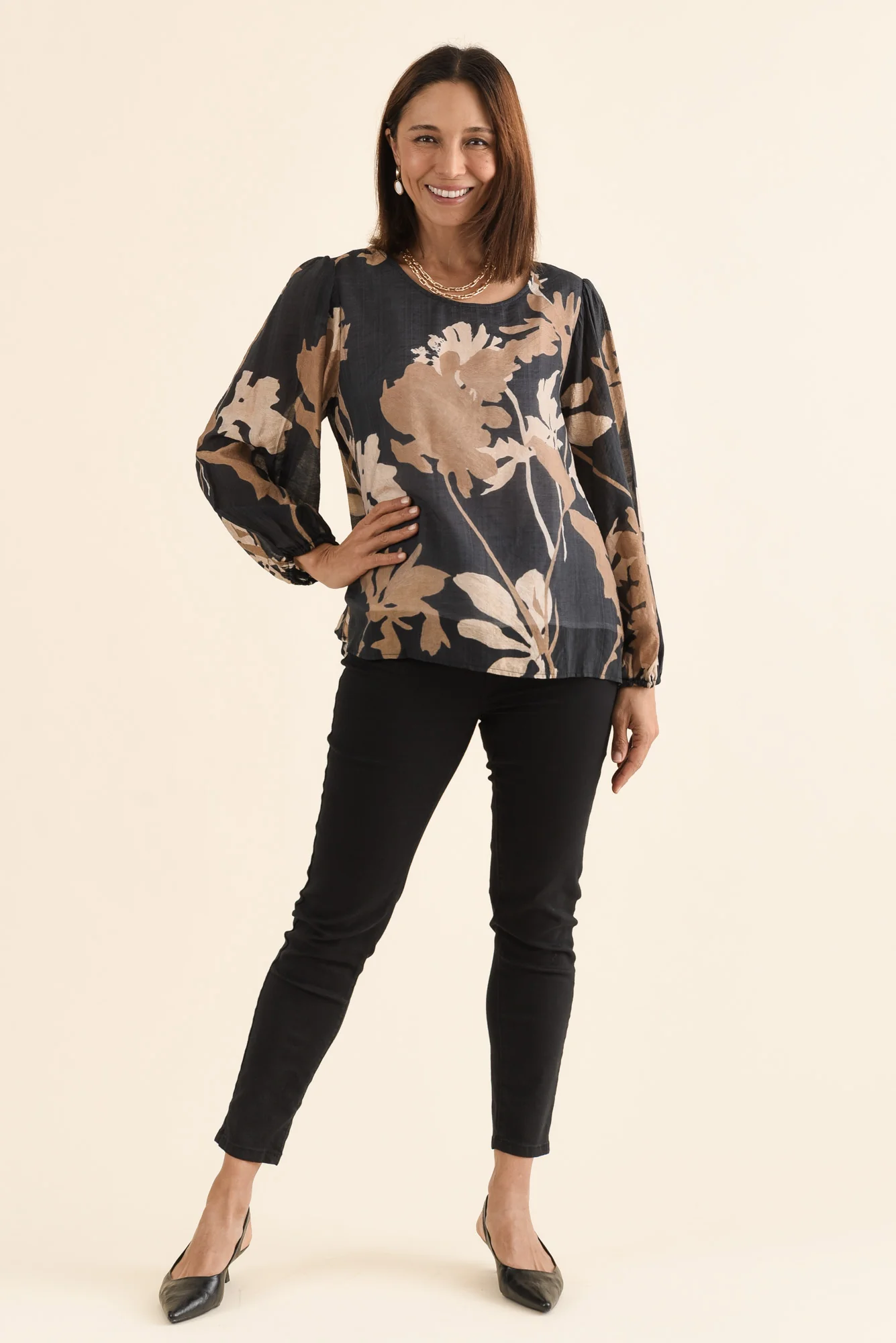 Lenah Black Floral Sleeved Top - Image 2