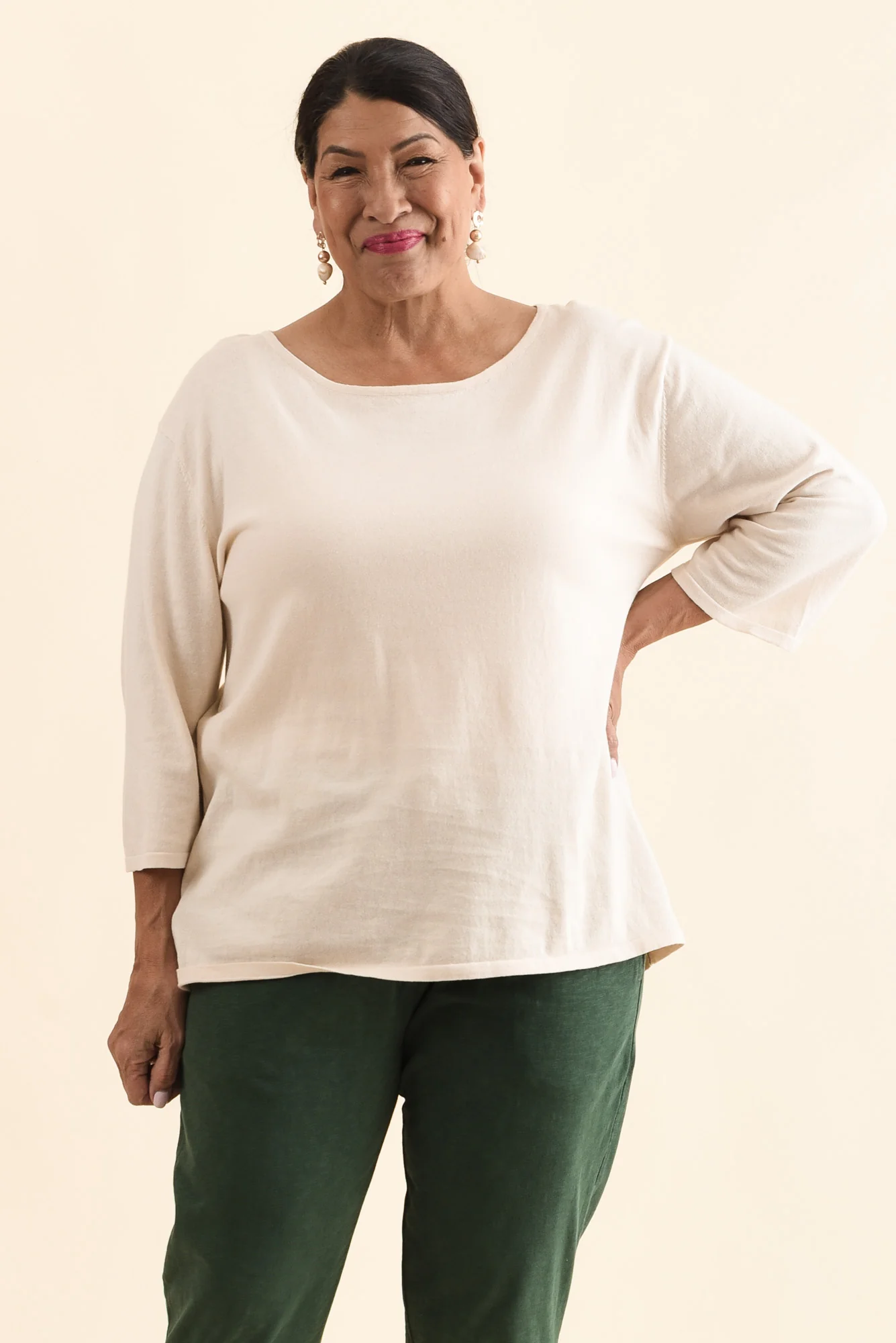 Liberty Beige Cotton Knit 3/4 Sleeve Top - Image 8