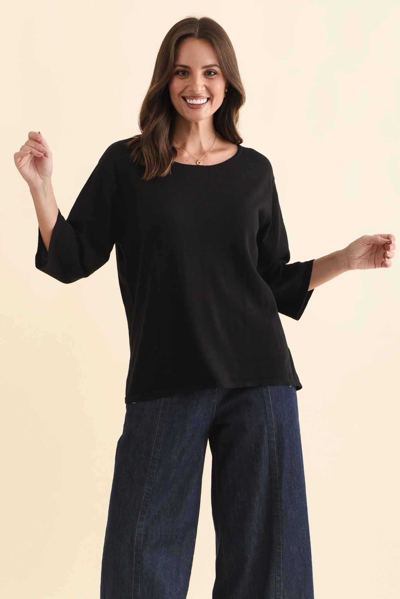 Liberty Black Cotton Knit 3/4 Sleeve Top - Image 2