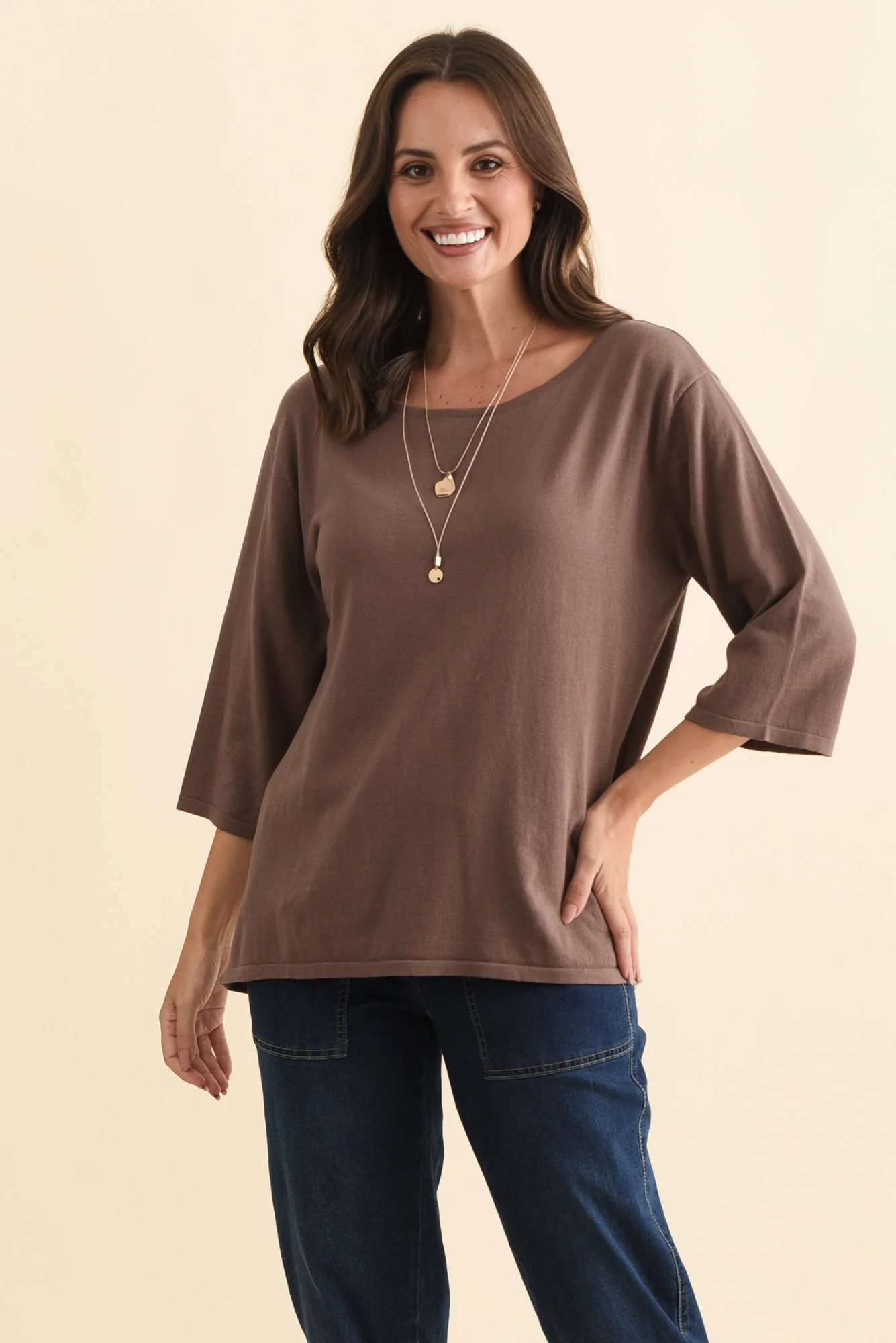 Liberty Chocolate Cotton Knit 3/4 Sleeve Top - Image 2