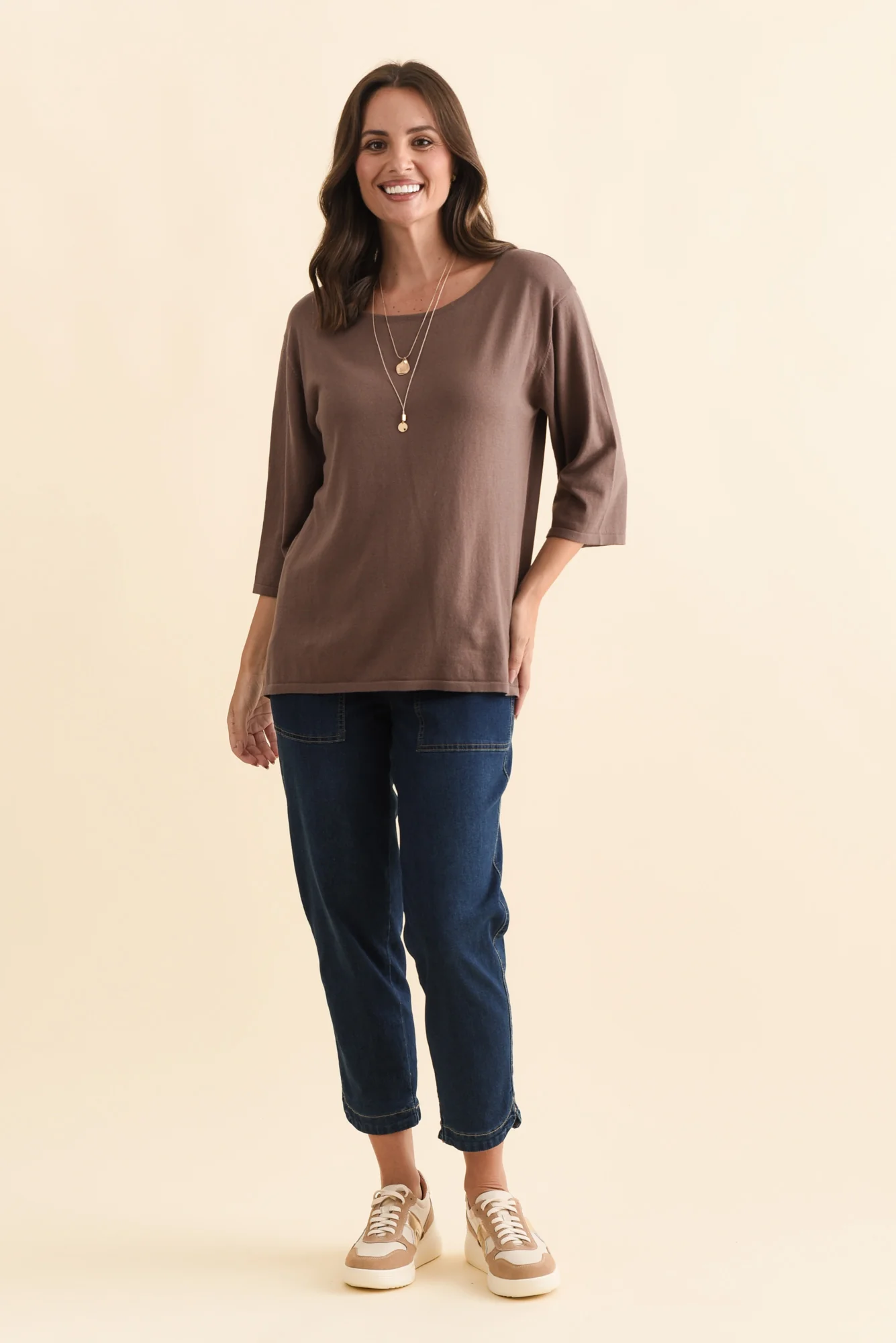Liberty Chocolate Cotton Knit 3/4 Sleeve Top - Image 3