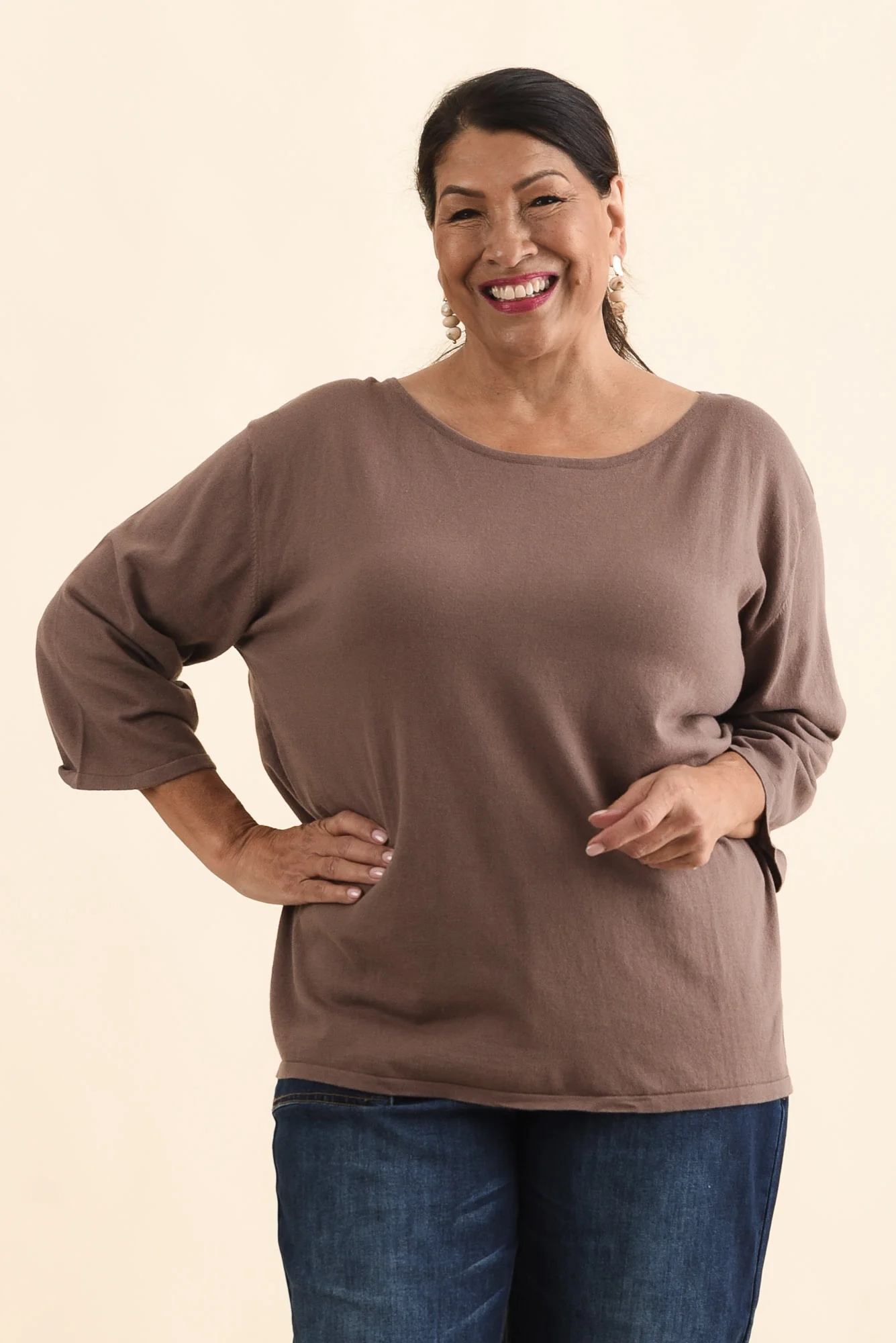 Liberty Chocolate Cotton Knit 3/4 Sleeve Top - Image 8