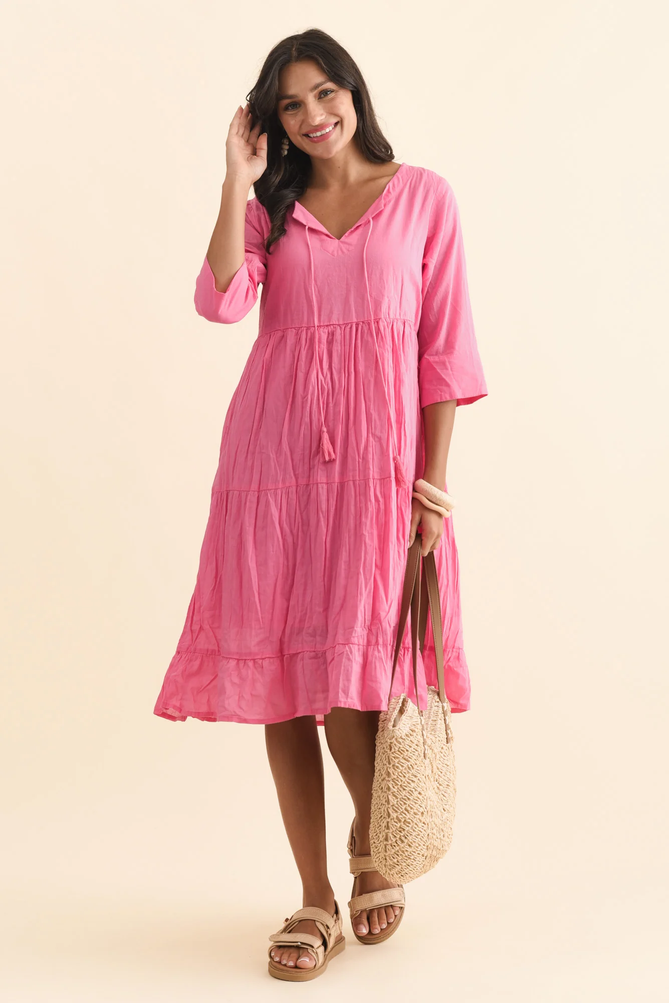 Milana Bright Pink Crinkle Cotton Dress - Image 3