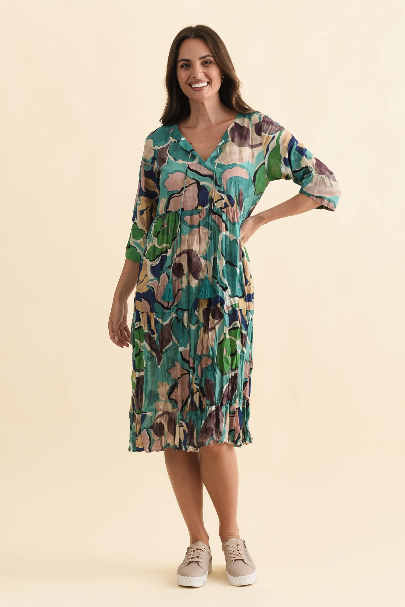 Milana Teal Foliage Crinkle Cotton Dress - Image 3