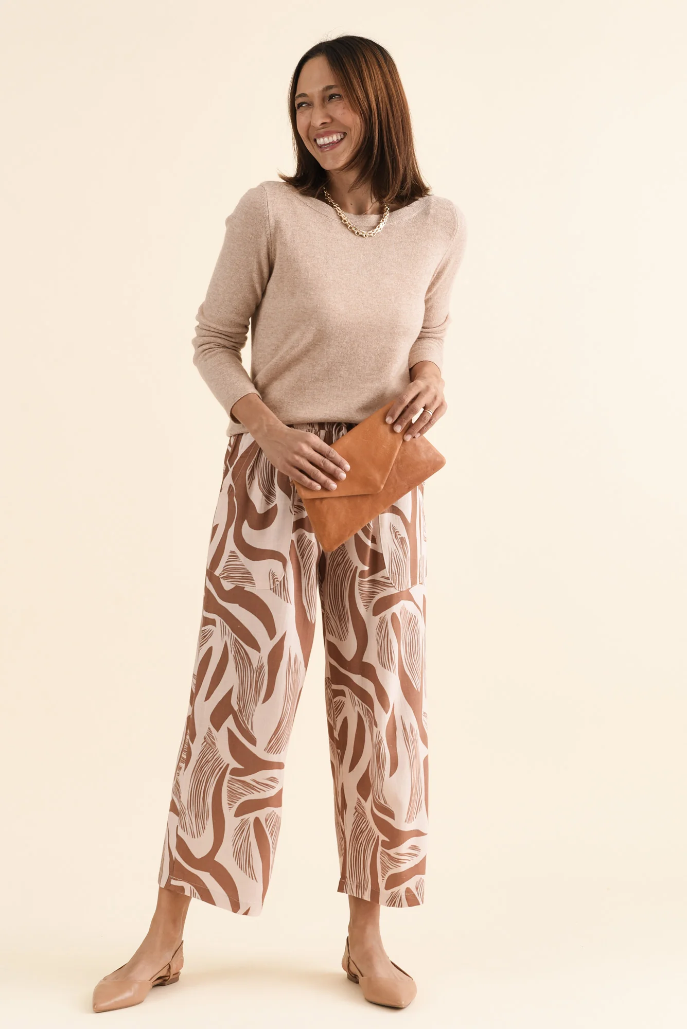 Minnelli Tan Abstract Linen Cotton Pants - Image 2
