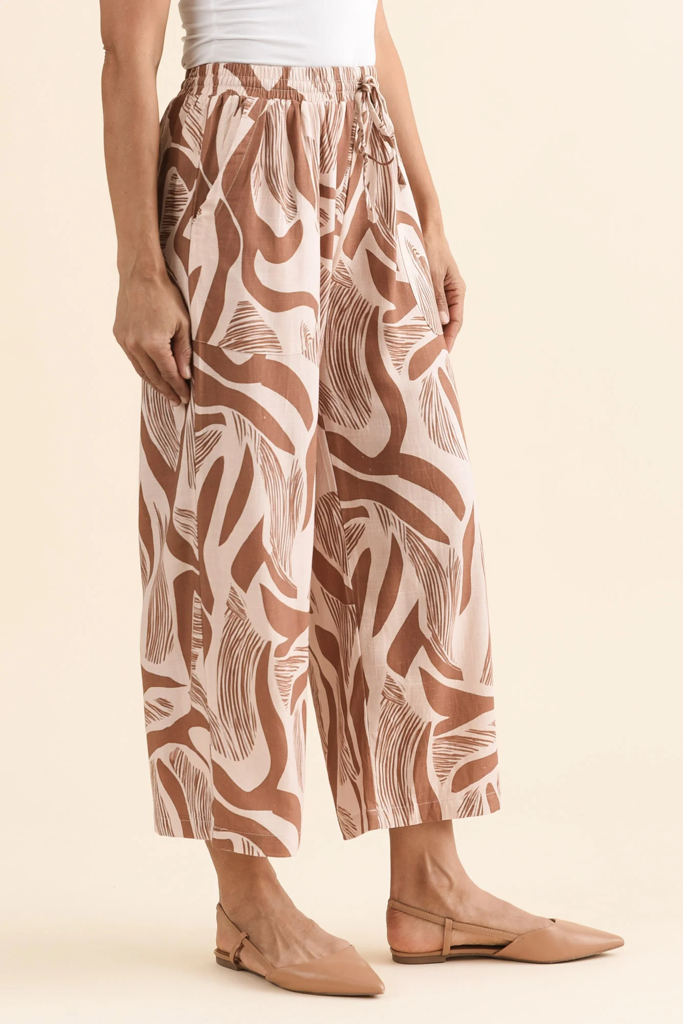 Minnelli Tan Abstract Linen Cotton Pants - Image 3