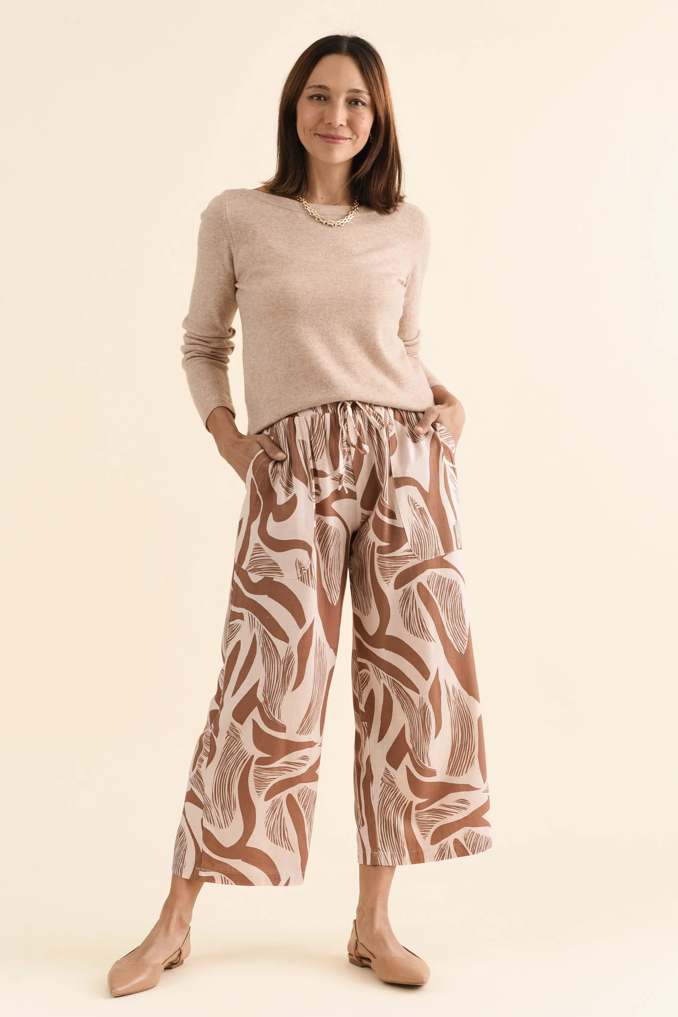 Minnelli Tan Abstract Linen Cotton Pants - Image 6