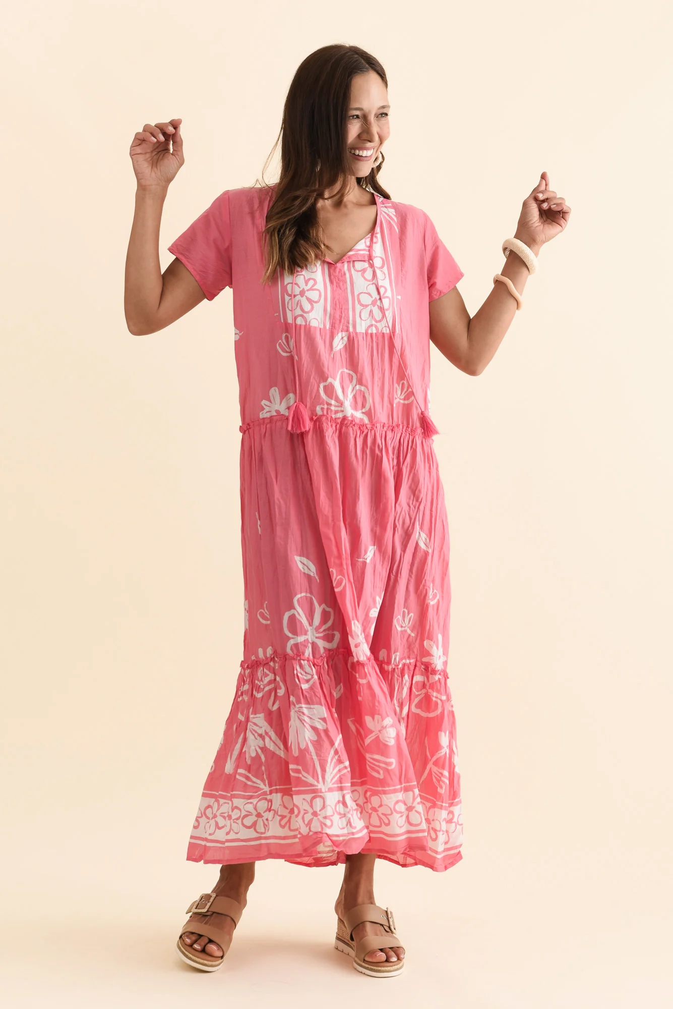 Nona Pink Flower Crinkle Cotton Maxi Dress - Image 6