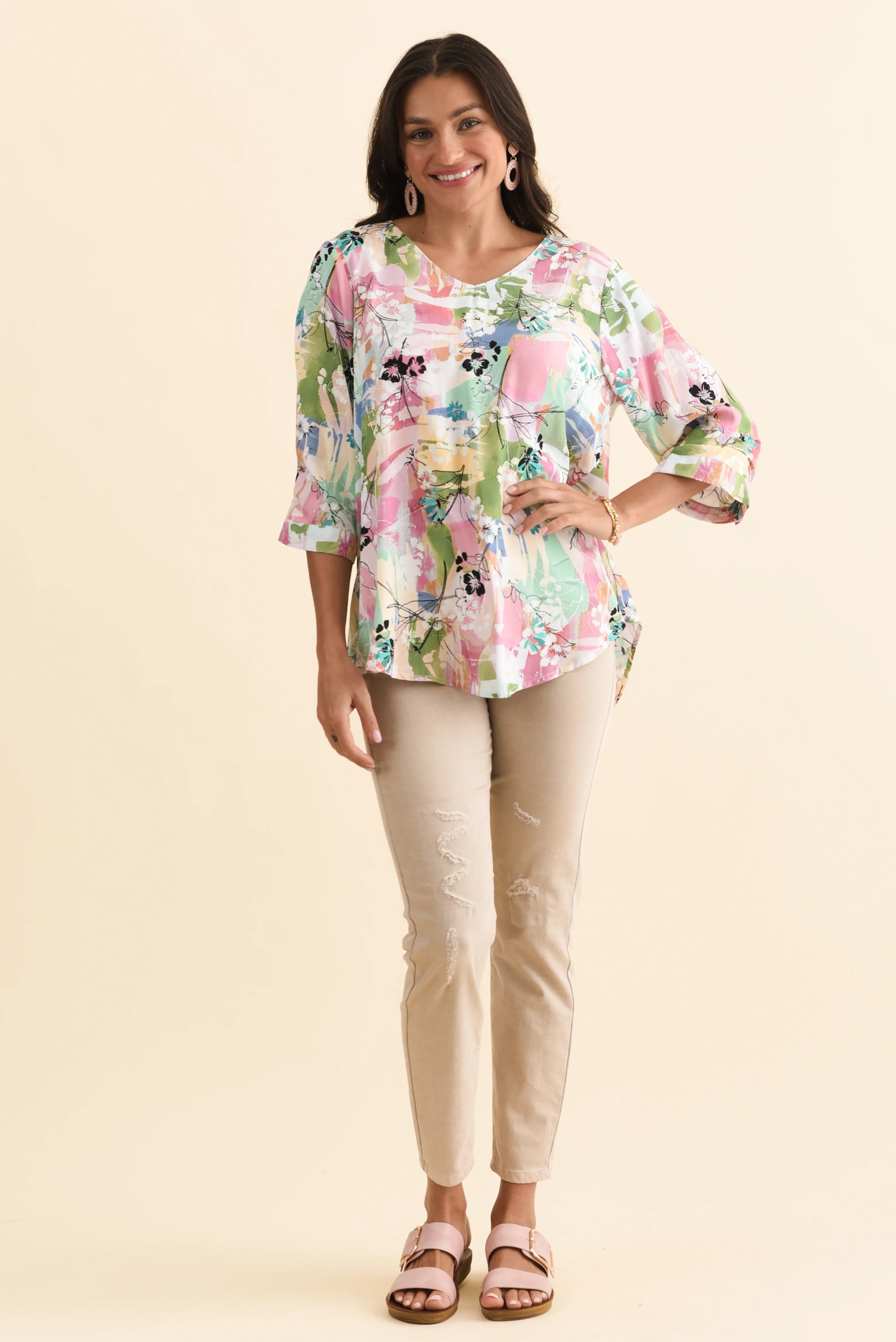 Riveria Pink Floral V Neck Top - Image 2