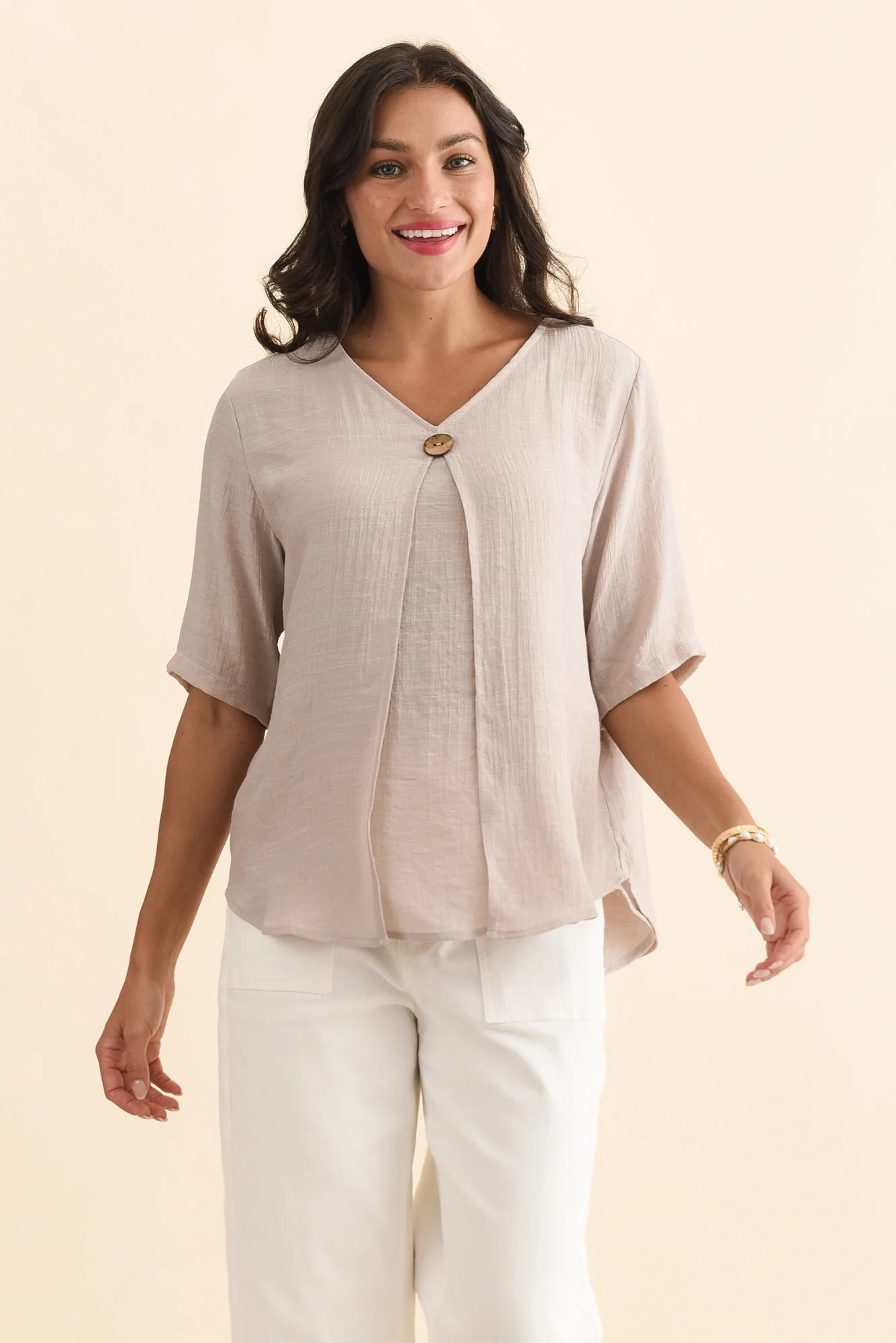Yasmin Beige Layered Button Top - Image 2