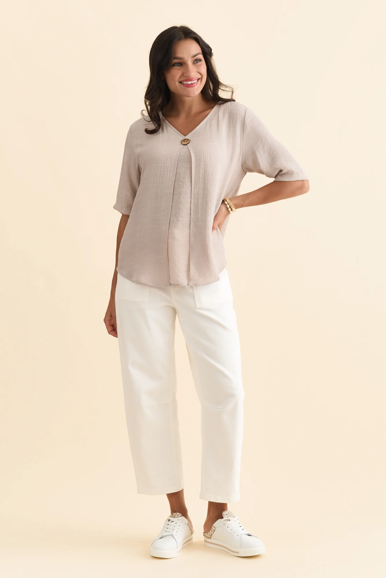Yasmin Beige Layered Button Top - Image 7